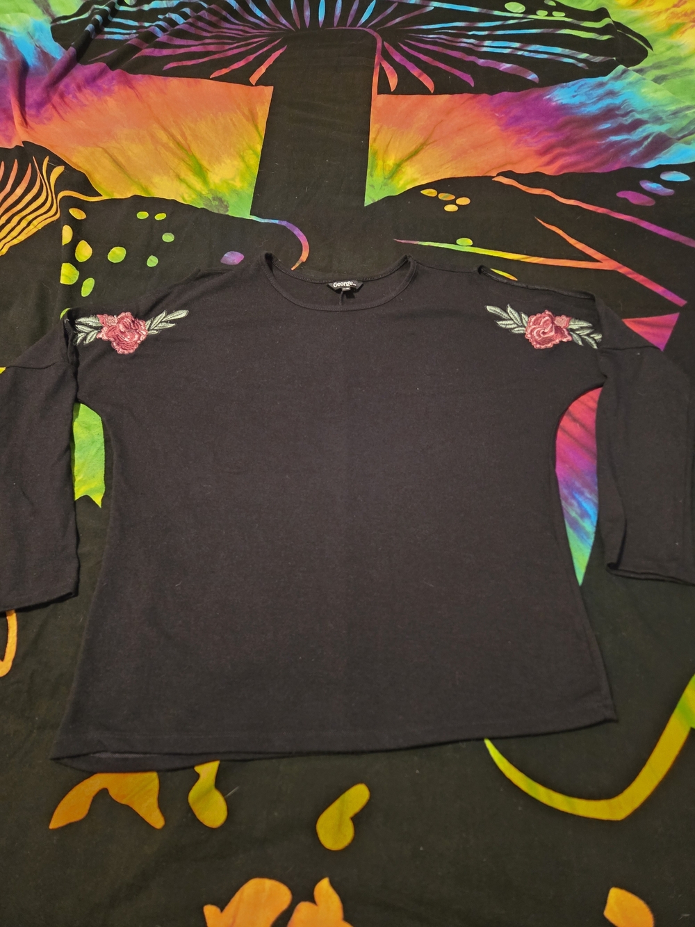 Embroidered Rose Shoulder Black Women's Top